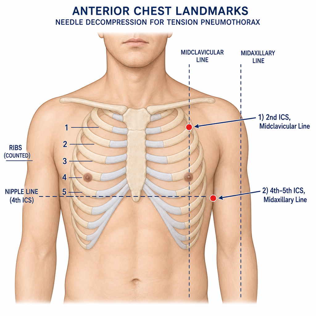 Anterior chest landmarks for needle decompression — 2nd ICS midclavicular line and 4th–5th ICS midaxillary line