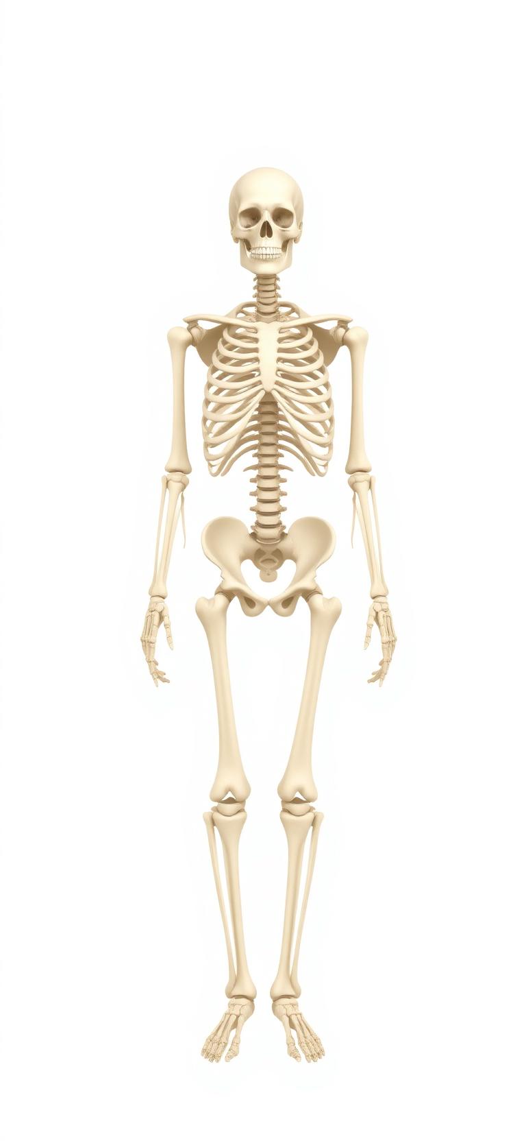 Anterior view of human skeleton — tap a bone for fracture management